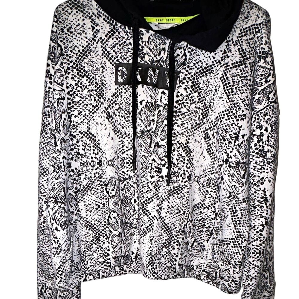 DKNY Sport Black White Snake Animal Print Pullover Hoodie Drawstring Logo XL